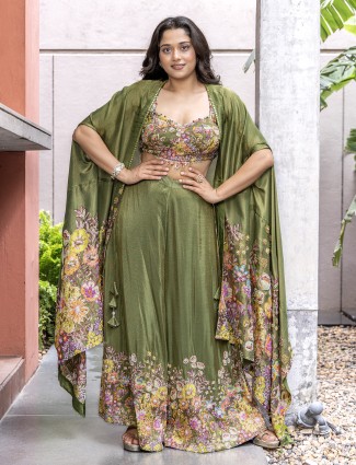 Mehendi green crepe silk salwar kameez with print