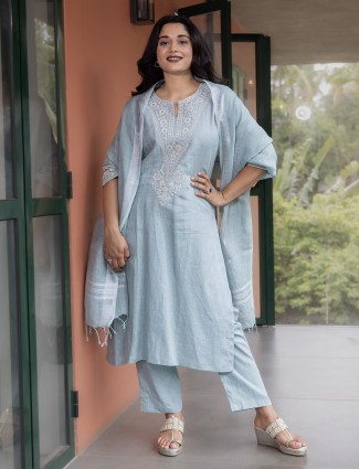 Mint blue linen kurti set with dupatta