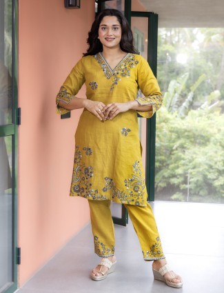 Yellow linen kurti set with embroidery work