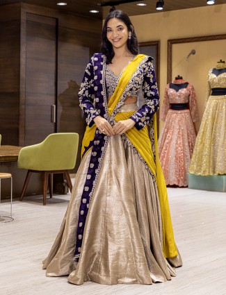 Beige silk lehenga choli with rich embellished blouse