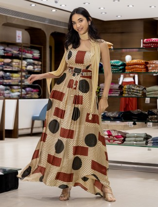 Beige silk printed festival wear suit for women