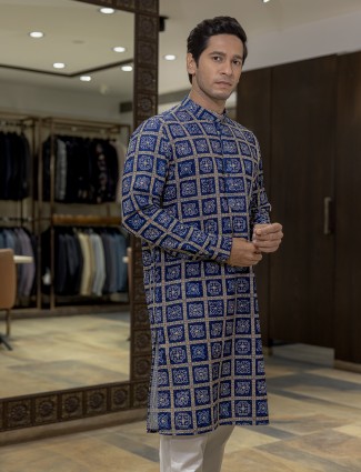 Dark blue bandhej silk kurta with print