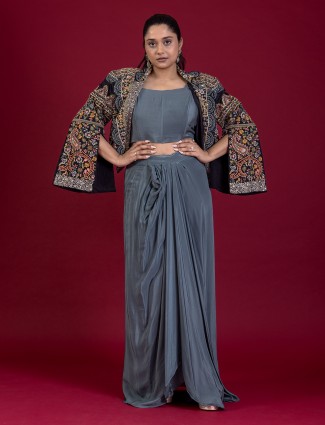 Dark grey silk partywear indowester suit wirth jacket