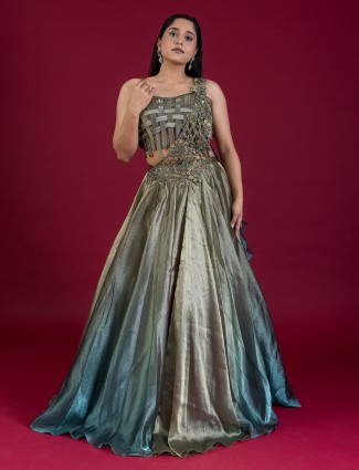 Green silk beaded partywear wedding suit