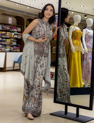 Grey georgette mirror sequins worked palazzo suit