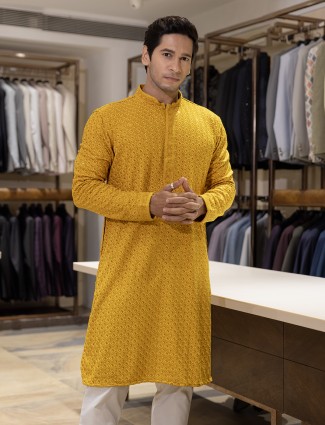 Mustard yellow thread worked cotton silk kurta