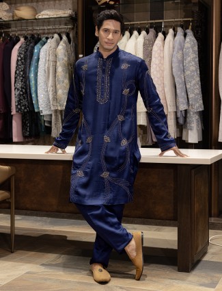 Navy cotton silk kurta pajama for men