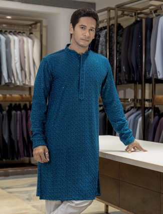 Rama blue cotton silk men kurta thread work