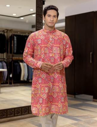 Red cotton silk printed kurta for men