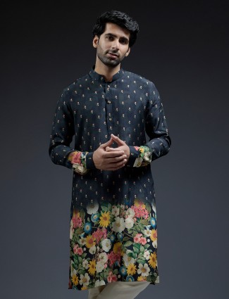 Classic navy flower floral print silk kurta suit for men