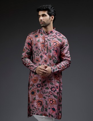 Dashing violet flower printed silk kurta suit for men