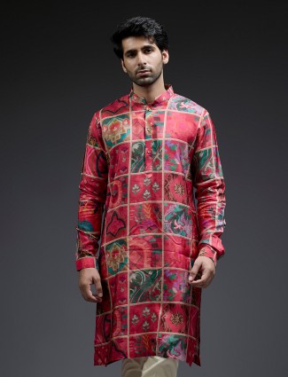 Dark purple printed cotton silk kurta pajama for men