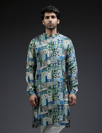 Dark purple printed cotton silk kurta pajama for men