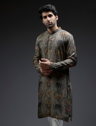 Classic Grey ajarakh printed silk kurta suit for men