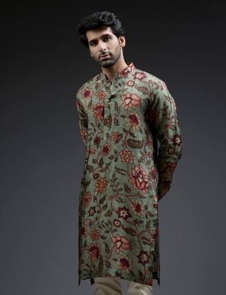 Newest olive flower printed silk kurta suit