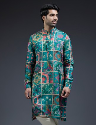 Dark purple printed cotton silk kurta pajama for men