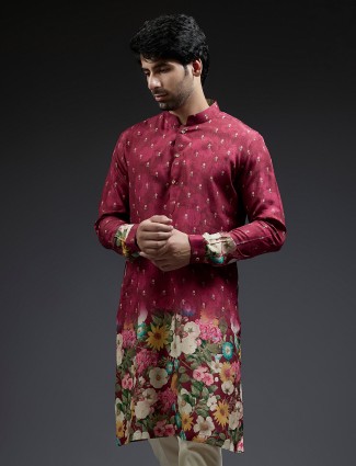 Maroon flower floral print silk festive style kurta suit