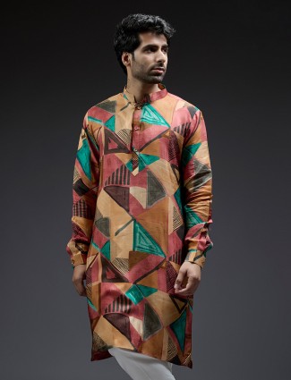 Newest multi coloured geometrical printed silk kurta suit