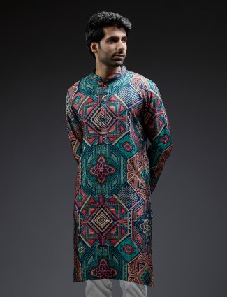 Multi coloured geometric print silk kurta suit for men