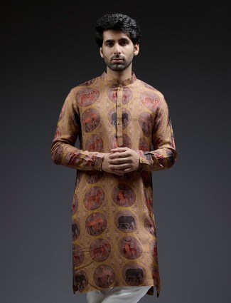 Mustard yellow and brown ajarakh silk kurta suit for men