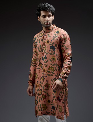 Peach pataudi print silk kurta suit for men