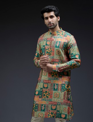 Dark purple printed cotton silk kurta pajama for men