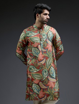 Impressive brown and green silk tropical printed kurta suit for men