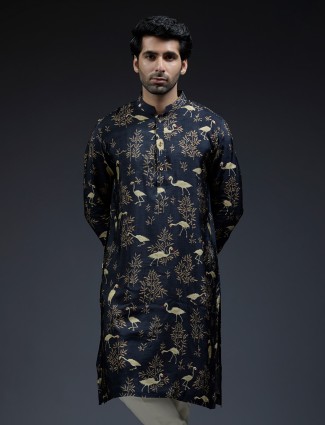 Stylish navy floral print silk kurta suit
