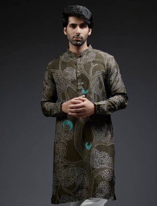 Traditional dark olive tree printed silk kurta suit for men