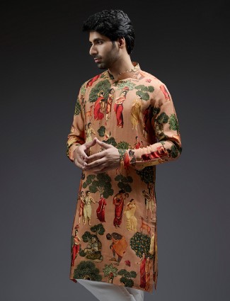 Awesome silk peach village theme printed kurta suit