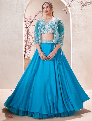 Classic aqua satin reception style  lehenga choli