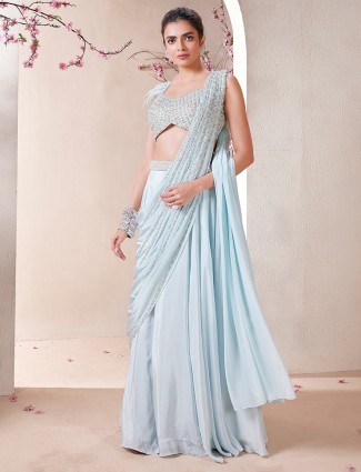 Ice-blue satin wedding style lehenga choli