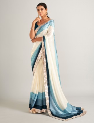 Attractive cream and blue masru silk saree