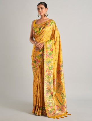 Traditional silk mustard yellow bandhani print saree