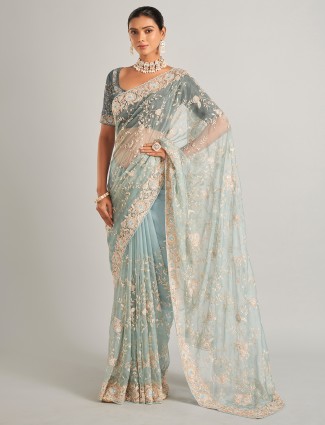 Glamorous organzza silk sky blue saree