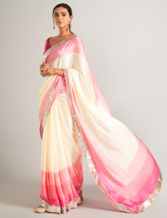 Gorgeous glowing pink and cream masru silk saree