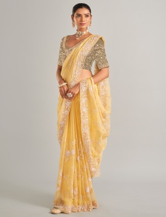 Treditional light yellow organza silk saree