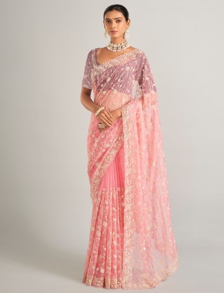 Mesmerizing organza light pink silk saree
