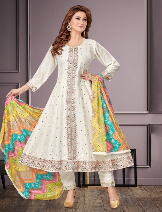Off-white salwar suit with printed dupatta for festive season