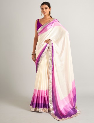 Pretty cream and purple plain masru silk saree