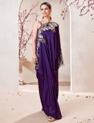 Stunning dark purple satin reception style indowestern