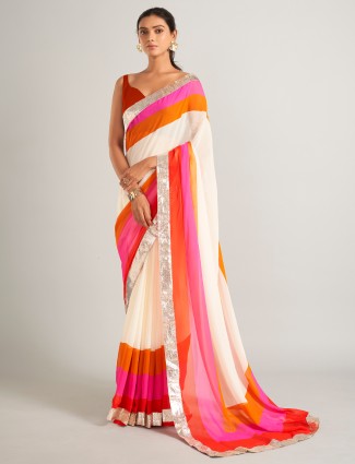 Stylish multicolour stripe pattern georgette saree