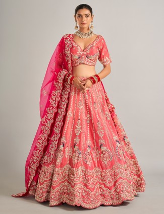 Coral pink silk lehenga choli for weddings