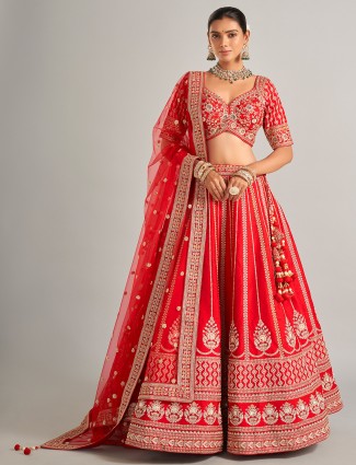 lovely red raw silk lehenga choli