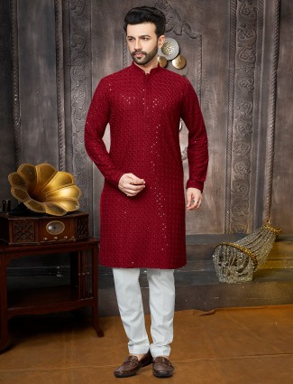 Newest red georgette sequins kurta suit for men