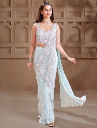 Stunning light blue satin saree for festive season