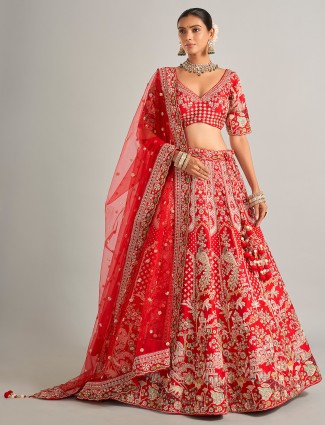 Wedding special red raw silk lehenga choli