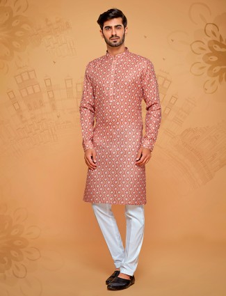 Dark purple printed cotton silk kurta pajama for men