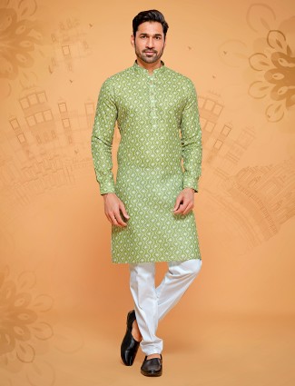 Green printed full sleeve cotton kurta suit