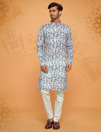 Grey cotton printed kurta suit with matching bottom